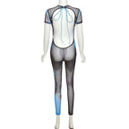Transparenter, rückenfreier Jumpsuit aus transparentem Netzstoff mit kontrastierenden, kurzärmligen, selbst zu bindenden Ärmeln