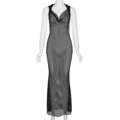 Ärmelloses, durchsichtiges Maxikleid mit Kapuze und Wasserfallausschnitt im Fischnetz-Look