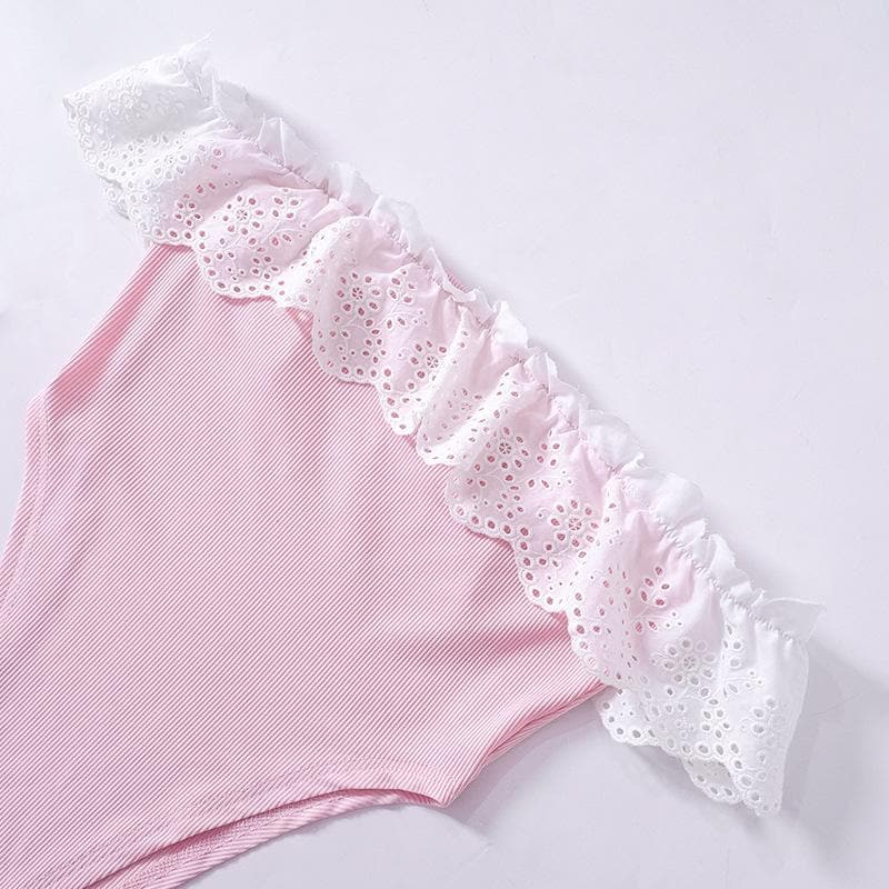 Ribbed lace hem contrast off shoulder backless bodysuit