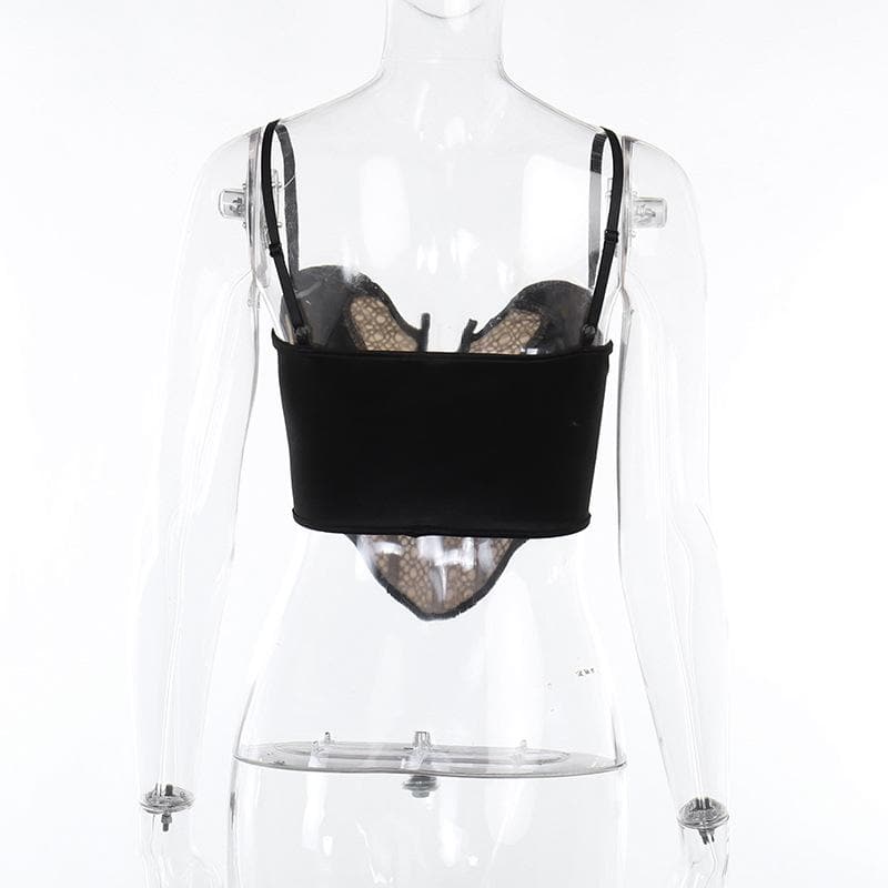 Textured contrast notch neck patchwork backless cami crop top