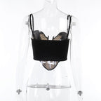 Textured contrast notch neck patchwork backless cami crop top
