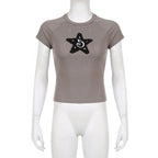 Star embroidery contrast short sleeve crewneck top