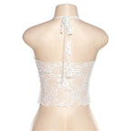 Lace ruffled see through flower low cut backless halter top