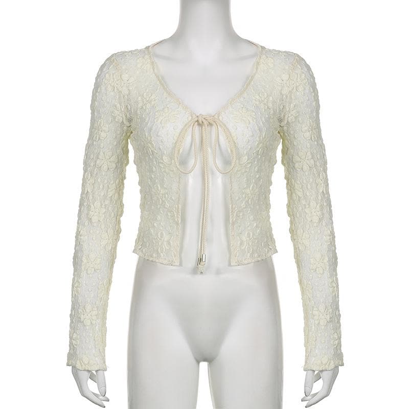 Lace solid long sleeve self tie see through top