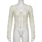 Lace solid long sleeve self tie see through top