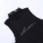 Sheer mesh see through beaded high neck crop top