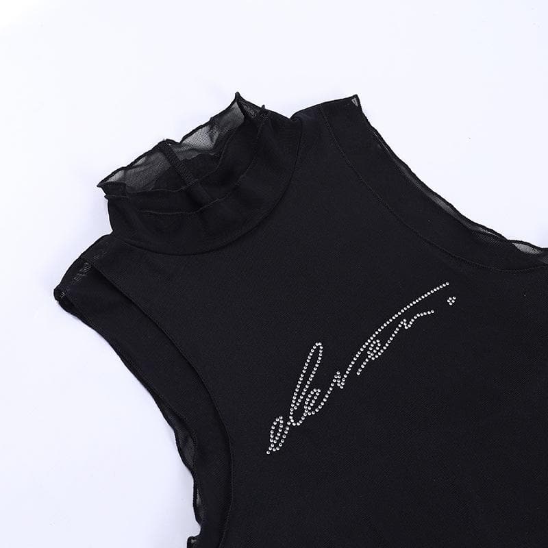 Sheer mesh see through beaded high neck crop top