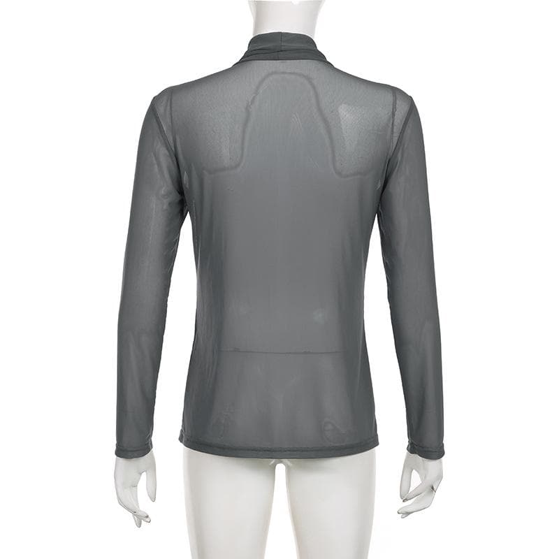 Top a collo alto con maniche lunghe e rete trasparente 