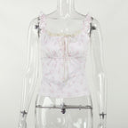 Flower print contrast sleeveless lace hem ruched top