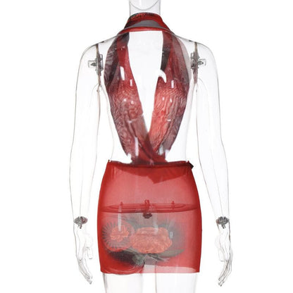 Sheer mesh see through cross front low cut halter backless mini dress