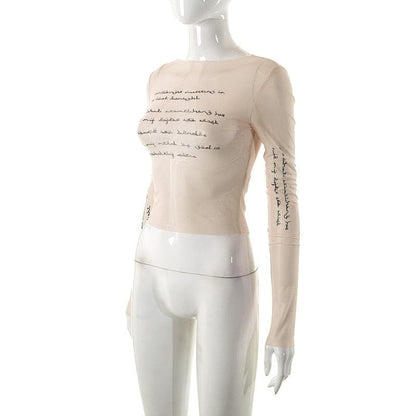 Langärmliges, durchsichtiges Crop-Top aus transparentem Netzstoff mit Kontrastdruck 