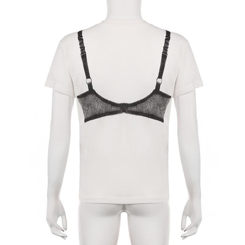 Top girocollo a maniche corte con motivo a reggiseno a contrasto 