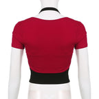 Buckle abstract contrast halter short sleeve 2 piece crop top