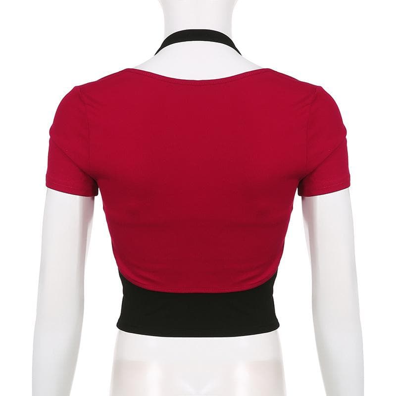 Buckle abstract contrast halter short sleeve 2 piece crop top