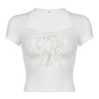 Ruched short sleeve patchwork solid lace hem self tie top