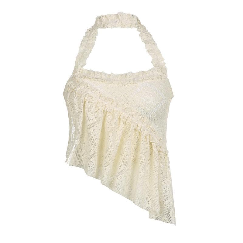 Halter irregular lace backless see through ruffle solid top