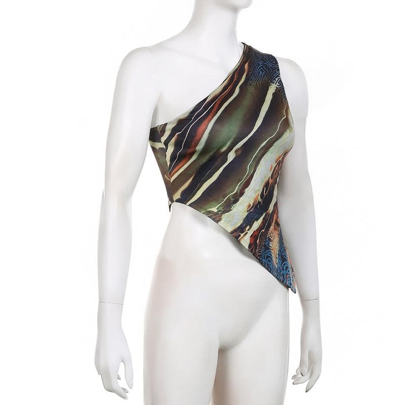 Abstract Print Contrast One Shoulder Irregular Crop Top