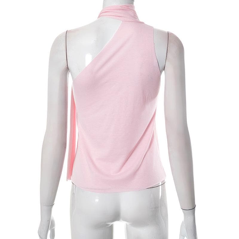 Irregular self tie one shoulder solid sleeveless top