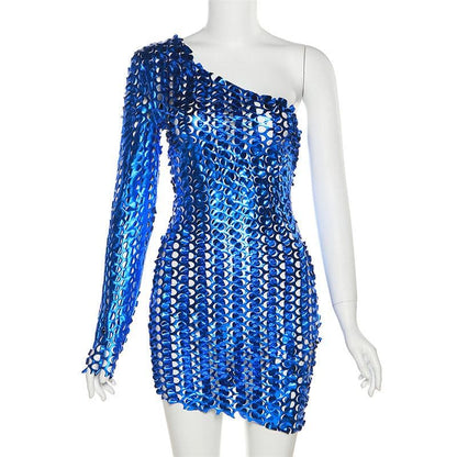 Irregular hollow out long sleeve metallic textured one shoulder mini dress