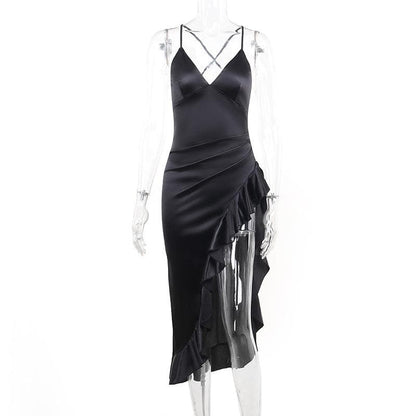 Midikleid mit Rüschen, V-Ausschnitt und unregelmäßigem Kreuzrücken