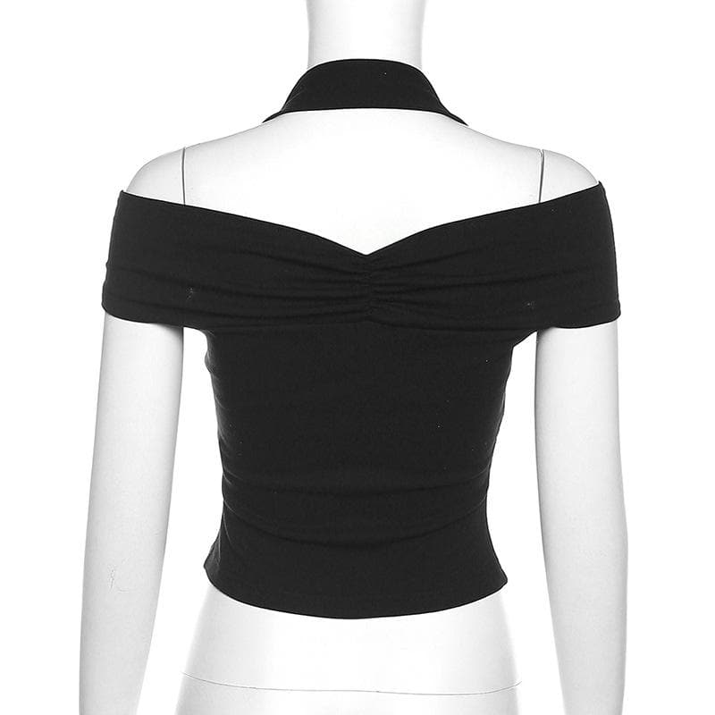 Halter ruched off shoulder solid backless top