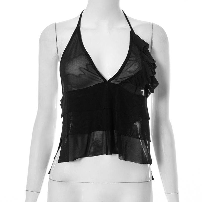 Neckholder-Crop-Top aus transparentem Netzstoff mit Rüschen und V-Ausschnitt 