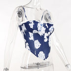 Top canotta con cuciture a corsetto e scollo quadrato a contrasto con stampa floreale 