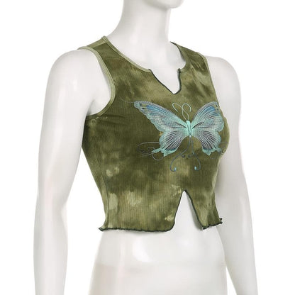 Ribbed tie dye butterfly pattern sleeveless notch neck ruffle crop top