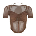 Short sleeve v neck ruched mesh halter solid crop top