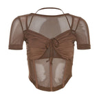 Short sleeve v neck ruched mesh halter solid crop top