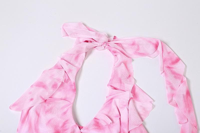 Top con scollo a V, volant e schiena irregolare, allacciabile a contrasto tie-dye 