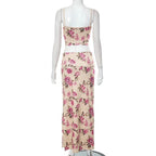 Flower print contrast corset slit backless cami maxi skirt set
