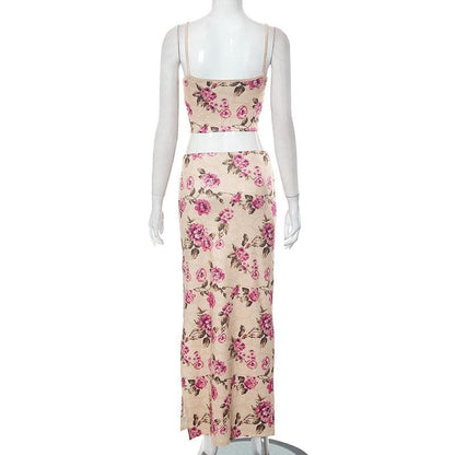 Flower print contrast corset slit backless cami maxi skirt set