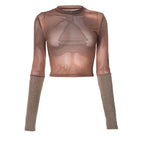 Maglia a maniche lunghe trasparente con patchwork in maglia a contrasto 