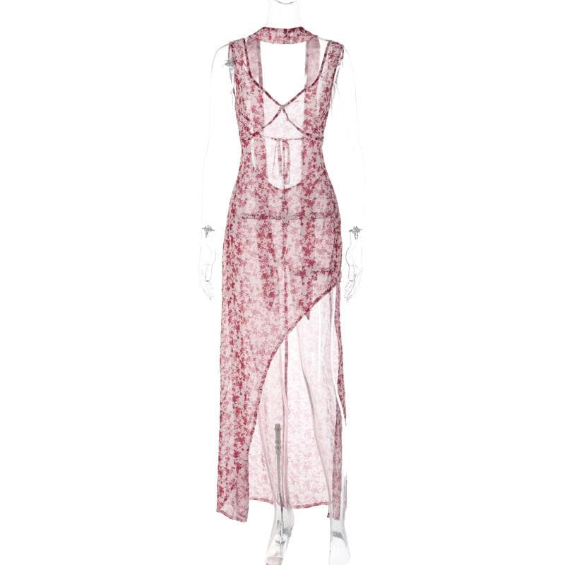Abito lungo senza maniche con scollo a V e schiena scoperta a contrasto con stampa floreale in chiffon 