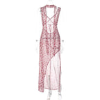 Abito lungo senza maniche con scollo a V e schiena scoperta a contrasto con stampa floreale in chiffon 
