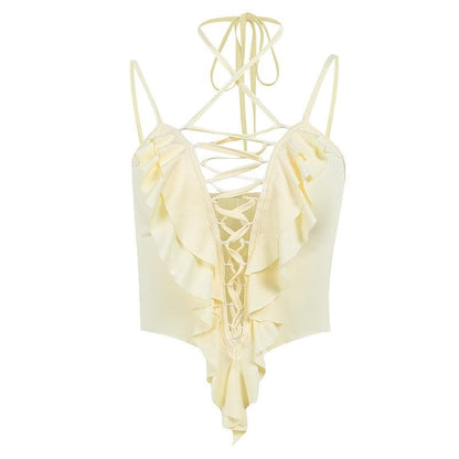 Crop Top mit überkreuzter Vorderseite, ausgehöhlt, einfarbig, Neckholder, Schnürung und Rüschen 