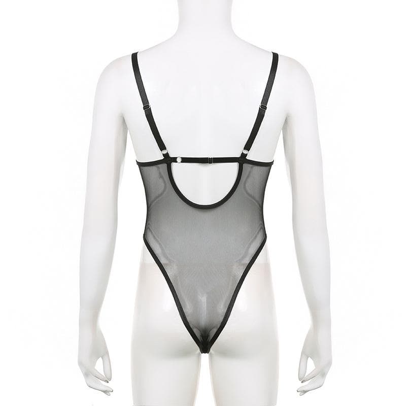 Metal chain lace up mesh low cut backless bodysuit