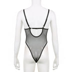 Metal chain lace up mesh low cut backless bodysuit