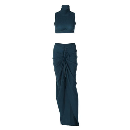 Slit textured sleeveless high neck ruched solid maxi skirt set