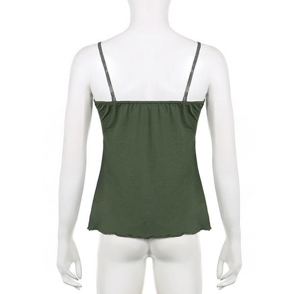 Lace hem patchwork v neck tie dye contrast mesh backless cami top