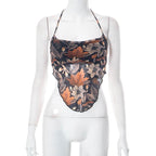 Mesh leaf pattern contrast ruched halter backless ruffle crop top - Final Sale