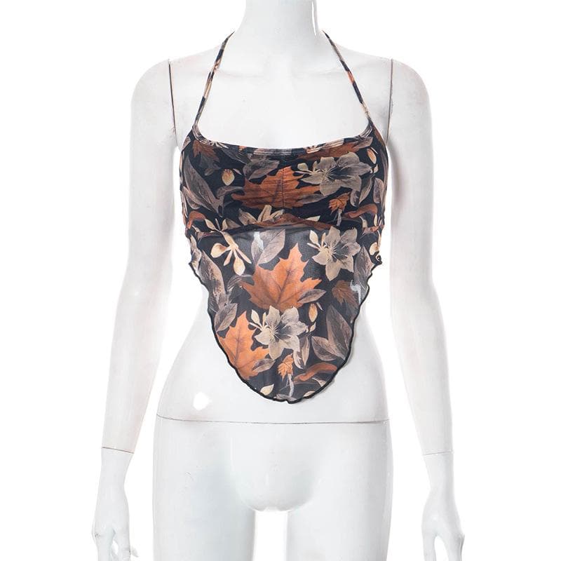 Mesh leaf pattern contrast ruched halter backless ruffle crop top - Final Sale