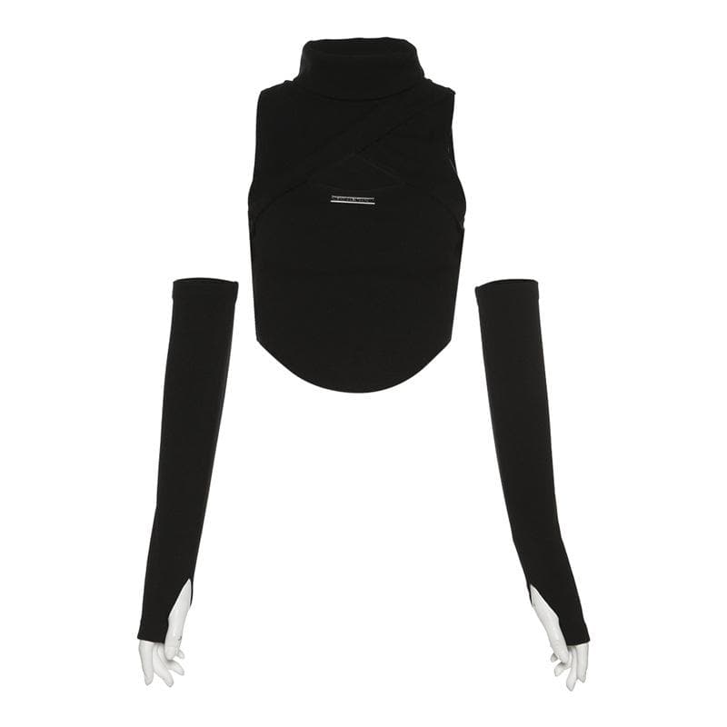 Sleeveless high neck hollow out solid gloves crop top