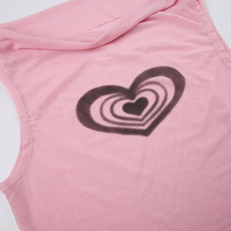 Sheer mesh see through cowl neck sleeveless heart pattern top