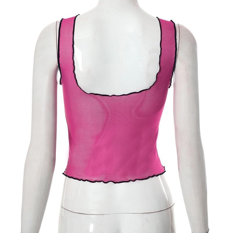 Sleeveless u neck ruffle sheer mesh see through butterfly applique top