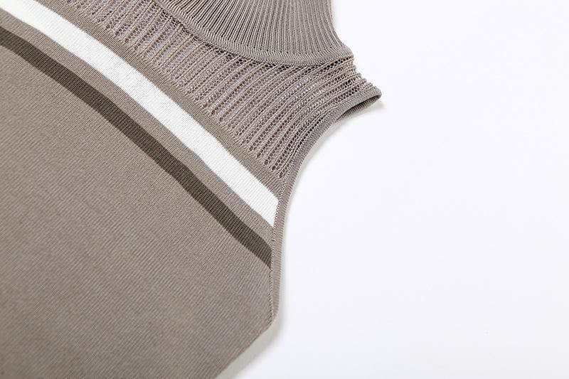 Crochet striped sleeveless high neck hollow out patchwork top