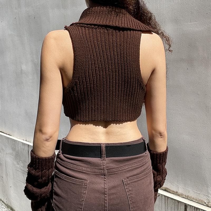 Knitted button turnover collar sleeveless gloves crop top - Final Sale