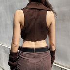 Knitted button turnover collar sleeveless gloves crop top - Final Sale