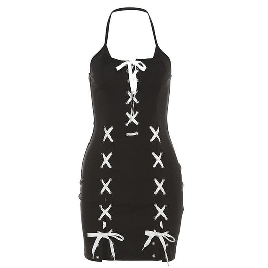 Rückenfreies Minikleid mit Schnürung, kontrastierendem Schlitz und selbstbindendem Neckholder